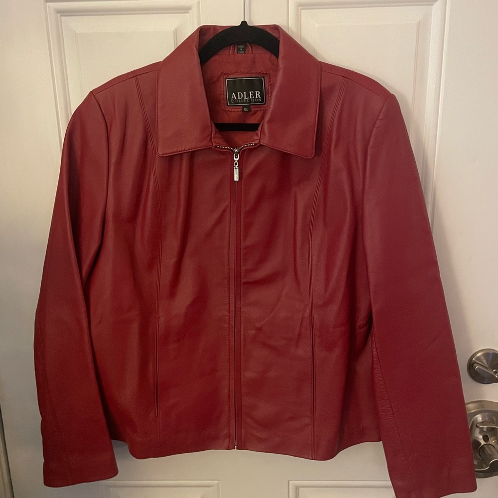 ADLER Collection Women XL Leather Jacket Full Zip Red Lined Preppy, Old Money